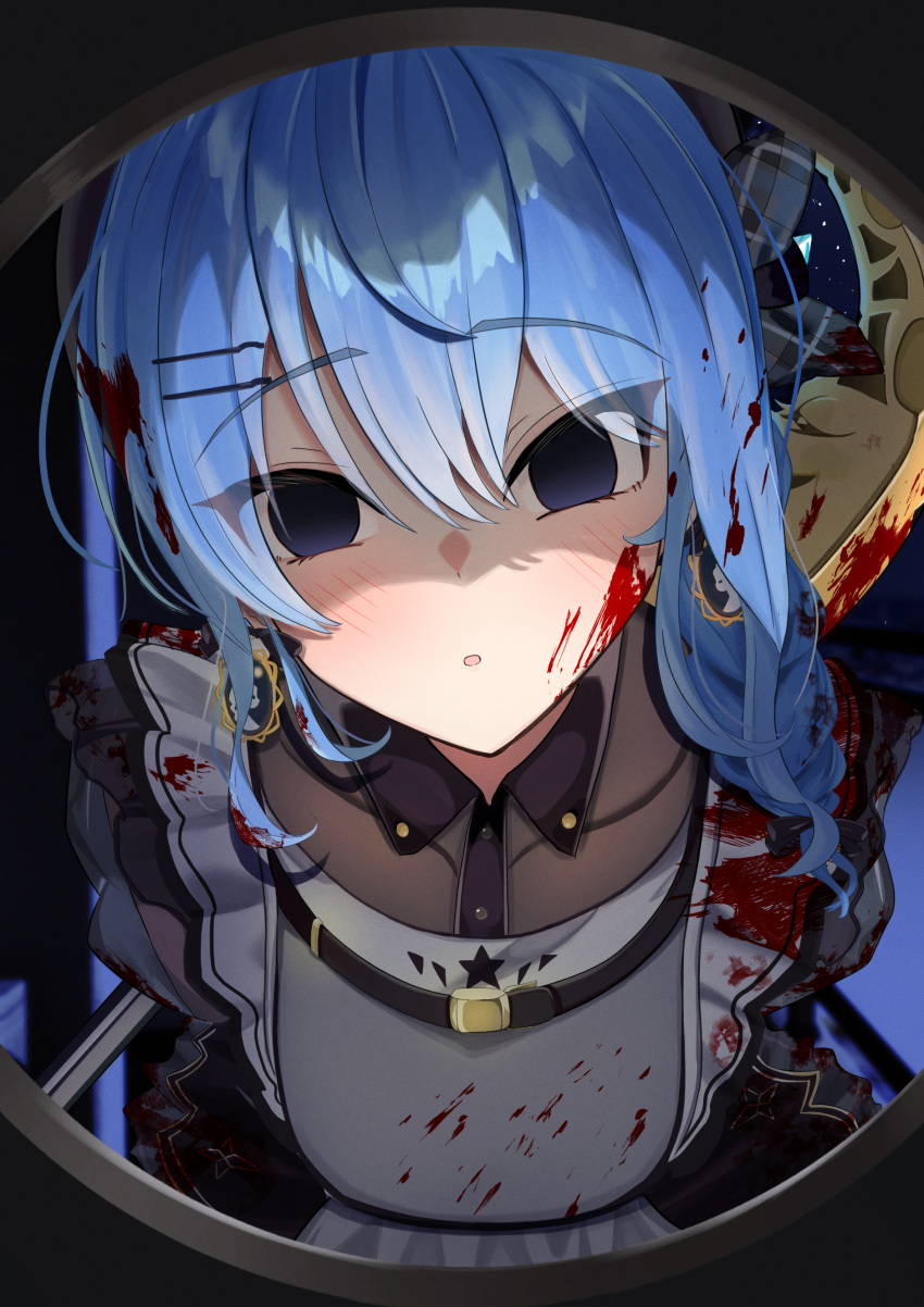 1girl absurdres axe blood blood_in_hair blood_on_clothes blood_on_face blue_hair blush crazy_eyes dark_eye highres holding holding_axe holding_weapon hololive hoshimachi_suisei hoshimachi_suisei_(maid) kurenaiaoi0 official_alternate_costume smile solo virtual_youtuber weapon