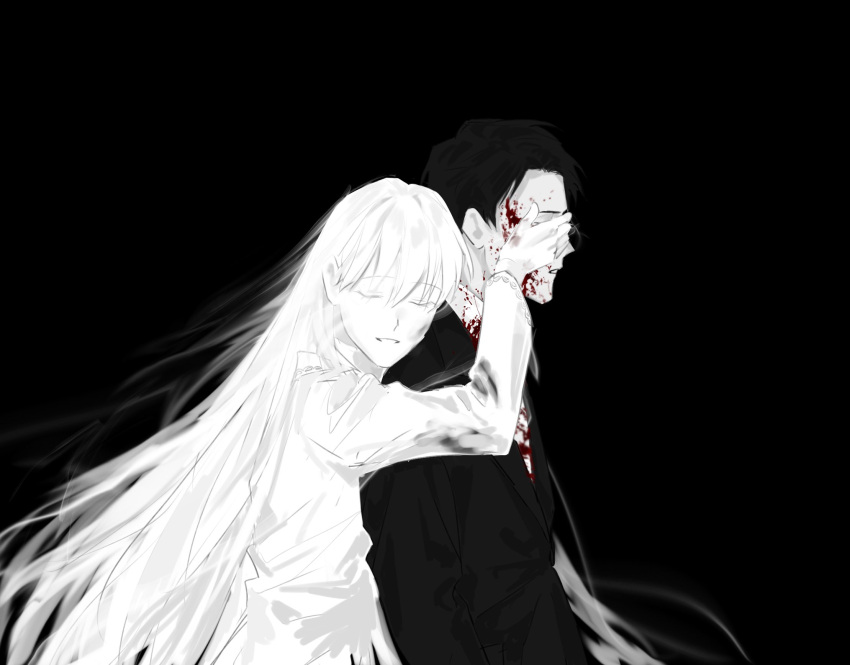 1boy 1girl angelica_(project_moon) arm_up black_background black_hair blood blood_on_clothes blood_on_face covering_another's_eyes ghost highres hug hug_from_behind library_of_ruina long_hair mye_66 parted_lips project_moon roland_(project_moon) simple_background spoilers upper_body very_long_hair white_hair
