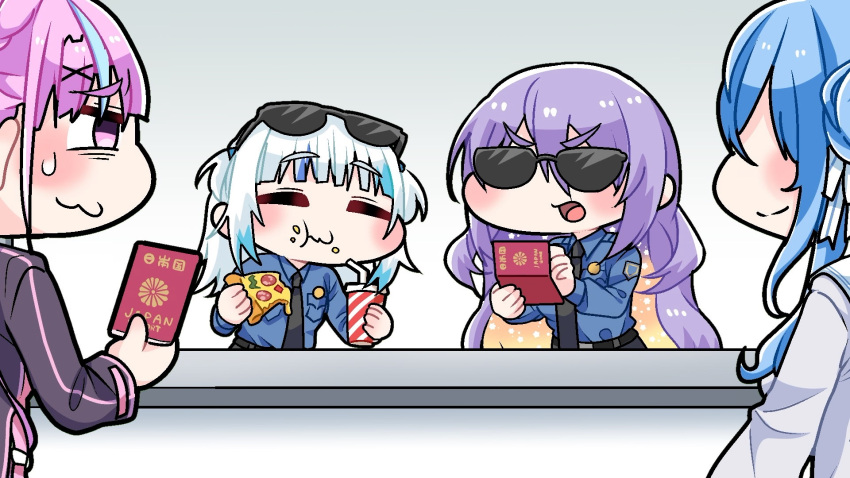 black_necktie blue_hair colored_inner_hair commentary_request cup disposable_cup drinking_straw eating food food_on_face gawr_gura gradient_background highres holding holding_food holding_pizza holding_strap hololive hololive_english hololive_indonesia hoshimachi_suisei komainu_channel minato_aqua moona_hoshinova multicolored_hair necktie nervous one_side_up orange_hair passport pink_eyes pink_hair pizza purple_hair security_guard streaked_hair sunglasses sweatdrop two-tone_hair two_side_up v-shaped_eyebrows virtual_youtuber white_hair