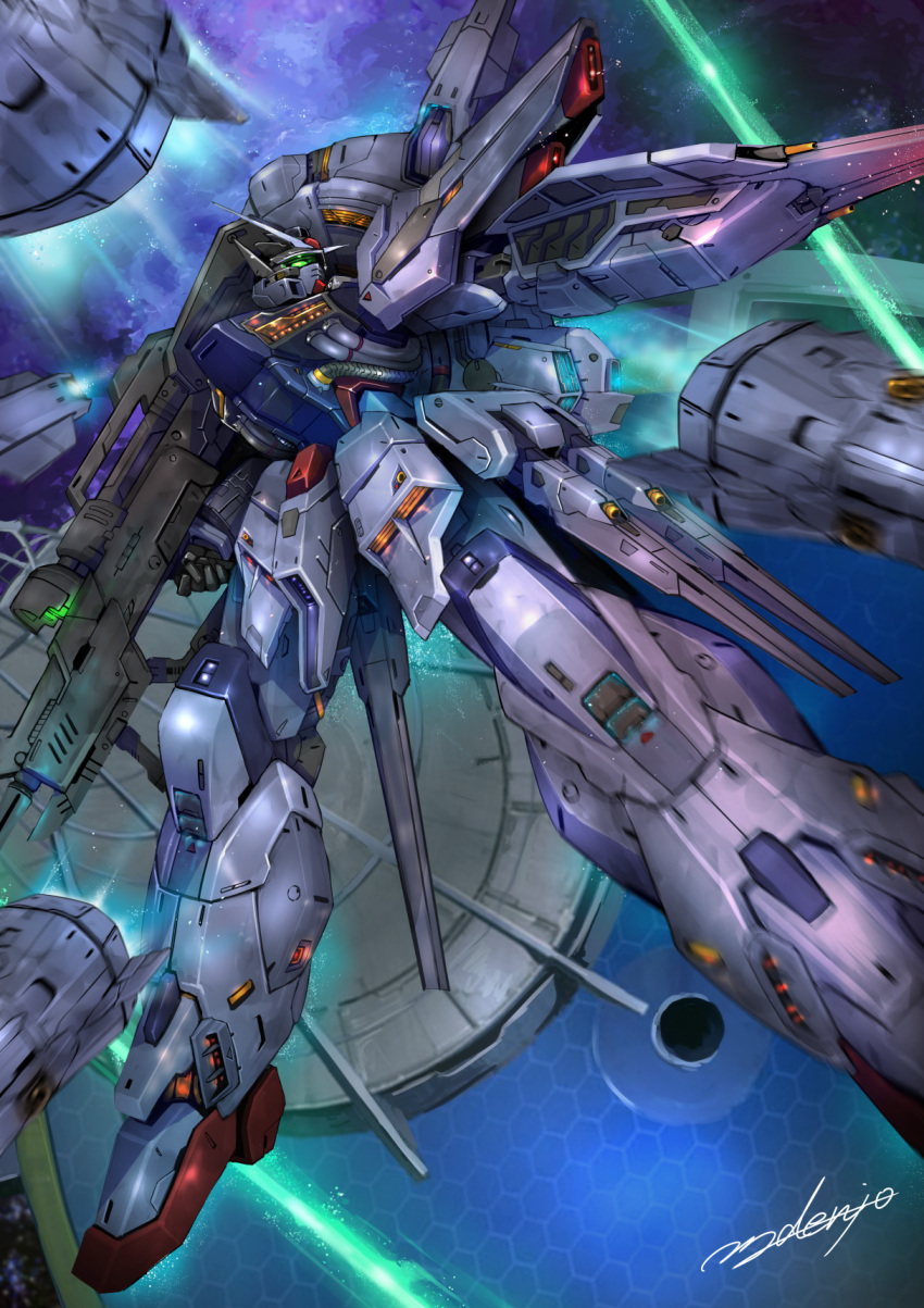 commentary_request denjyou23 energy_gun finger_on_trigger from_below funnels_(gundam) genesis_(gundam) glowing glowing_eye gun gundam gundam_seed highres holding holding_gun holding_weapon laser legs_apart looking_to_the_side mecha mobile_suit motion_blur no_humans providence_gundam robot science_fiction signature solo space turning_head v-fin weapon