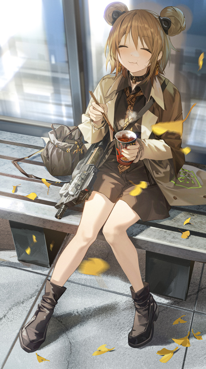 1girl absurdres bell black_footwear boots brown_bag brown_coat brown_hair brown_necktie brown_shirt brown_shorts bullpup chopsticks closed_eyes coat collared_shirt double_bun earrings eating food from_above girls_frontline gun hair_bun highres holding holding_chopsticks holding_food jewelry leaf long_sleeves medium_hair neck_bell necktie open_clothes open_coat optical_sight outdoors p90 p90_(girls'_frontline) p90_(the_girl_from_b.e.l)_(girls'_frontline) ramen rff_(3_percent) shirt shorts sitting sitting_on_bench smile solo submachine_gun sweat weapon window