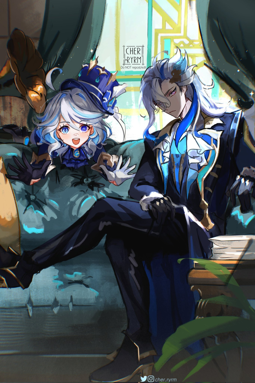 1boy 1girl ahoge ascot asymmetrical_gloves black_gloves blue_ascot blue_brooch blue_coat blue_eyes blue_gemstone blue_hair blue_headwear blue_jacket closed_mouth coat couch cowlick drop-shaped_pupils english_commentary furina_(genshin_impact) gem genshin_impact gloves hair_between_eyes hat heterochromia highres jacket kodona light_blue_hair lolita_fashion long_hair long_sleeves looking_at_viewer mismatched_gloves mismatched_pupils multicolored_hair neuvillette_(genshin_impact) on_couch open_mouth ryrmcher sitting smile streaked_hair teeth top_hat upper_teeth_only violet_eyes white_ascot white_gloves white_hair white_trim_bow