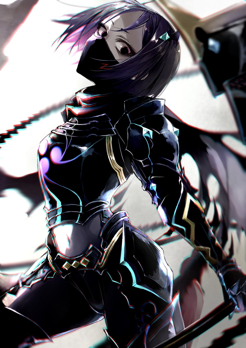 1girl armor black_armor black_eyes fate/grand_order fate/samurai_remnant fate_(series) highres holding holding_sword holding_weapon japanese_armor katana kino_kokko looking_at_viewer mask minamoto_no_raikou_(fate) mouth_mask navel parted_bangs purple_hair rider_(fate/samurai_remnant) short_hair solo sword tomoe_(symbol) weapon