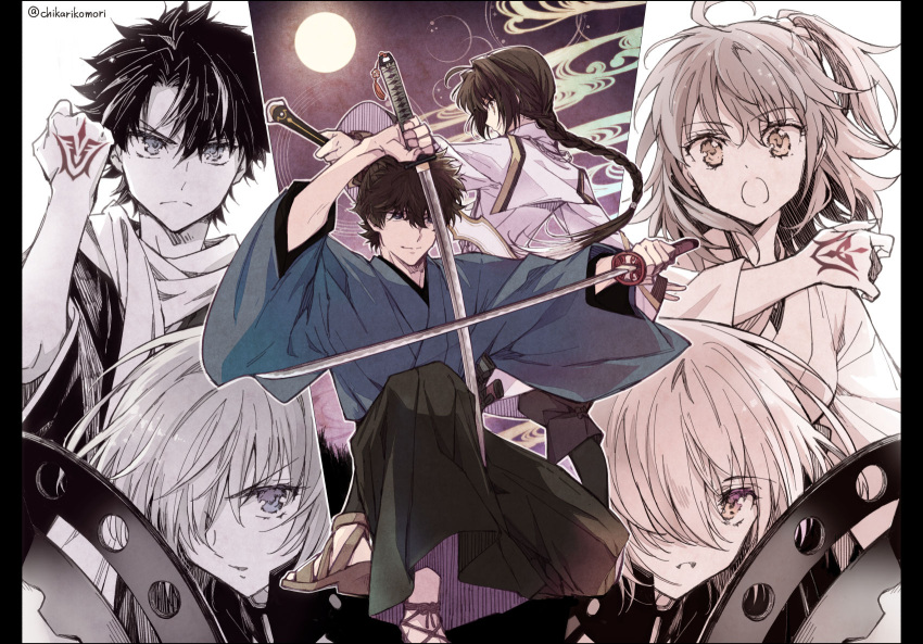 1other 2boys 2girls black_hair blue_kimono chikariya closed_mouth command_spell dual_wielding fate/grand_order fate/samurai_remnant fate_(series) fujimaru_ritsuka_(female) fujimaru_ritsuka_(male) full_moon hair_over_one_eye highres holding japanese_clothes katana kimono kneeling long_hair looking_at_viewer mash_kyrielight medium_hair miyamoto_iori_(fate) moon multiple_boys multiple_girls one_eye_covered one_side_up open_mouth parted_lips ponytail short_hair sword twitter_username upper_body v-shaped_eyebrows weapon yamato_takeru_(fate)