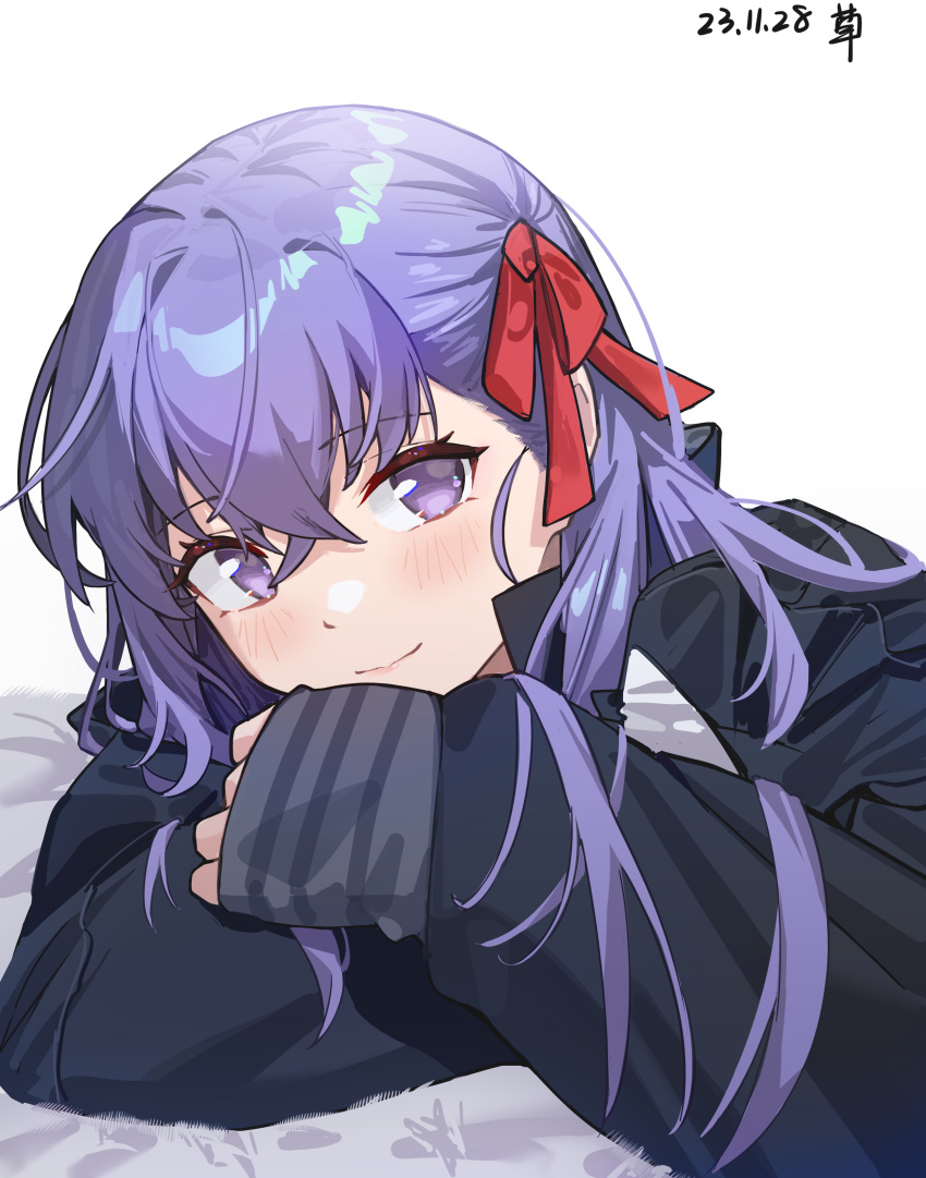 1girl absurdres asymmetrical_hair black_jacket blush closed_mouth crossed_bangs dated eyelashes fate/stay_night fate_(series) hair_between_eyes hair_ribbon hand_on_own_arm head_rest highres jacket light_blush long_hair long_sleeves looking_at_viewer lying matou_sakura no_pupils on_stomach portrait purple_hair red_ribbon ribbon sleeves_past_wrists smile solo upper_body user_hwnu4245 violet_eyes white_background