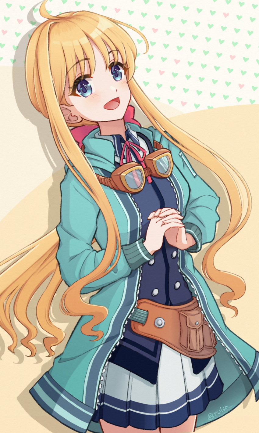 1girl :d blonde_hair blue_eyes blue_jacket blue_shirt buttons commentary_request eiyuu_densetsu goggles heart heart_background highres jacket long_hair multicolored_background open_clothes open_jacket open_mouth own_hands_together pleated_skirt pouch ruisa sen_no_kiseki sen_no_kiseki_iii shirt skirt smile solo standing tita_russell
