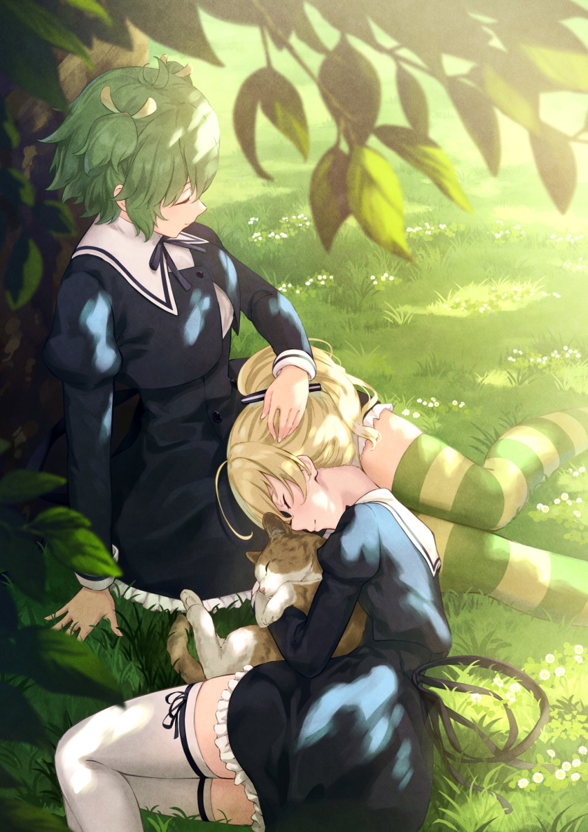 2girls against_tree ahoge andou_tazusa animal animal_hug antenna_hair arm_at_side assault_lily black_ribbon black_skirt blonde_hair blurry blurry_foreground cat closed_eyes closed_mouth commentary cropped_jacket dappled_sunlight day feet_out_of_frame flower frilled_skirt frills grass green_hair green_thighhighs hair_between_eyes hair_ribbon hand_on_another's_head hand_up high-waist_skirt high_ponytail highres juliet_sleeves knees_together_feet_apart lap_pillow leg_ribbon legs_together long_sleeves lying miniskirt multicolored_thighhighs multiple_girls neck_ribbon nuenue on_grass on_ground on_side outdoors ponytail profile puffy_sleeves ribbon school_uniform shirt short_hair sitting skirt smile striped_clothes striped_ribbon striped_thighhighs sunlight thigh-highs thigh_ribbon tree tree_shade two_side_up white_flower white_shirt white_thighhighs yellow_ribbon yellow_thighhighs yoshimura_thi_mai yuri yurigaoka_girls_academy_school_uniform zettai_ryouiki