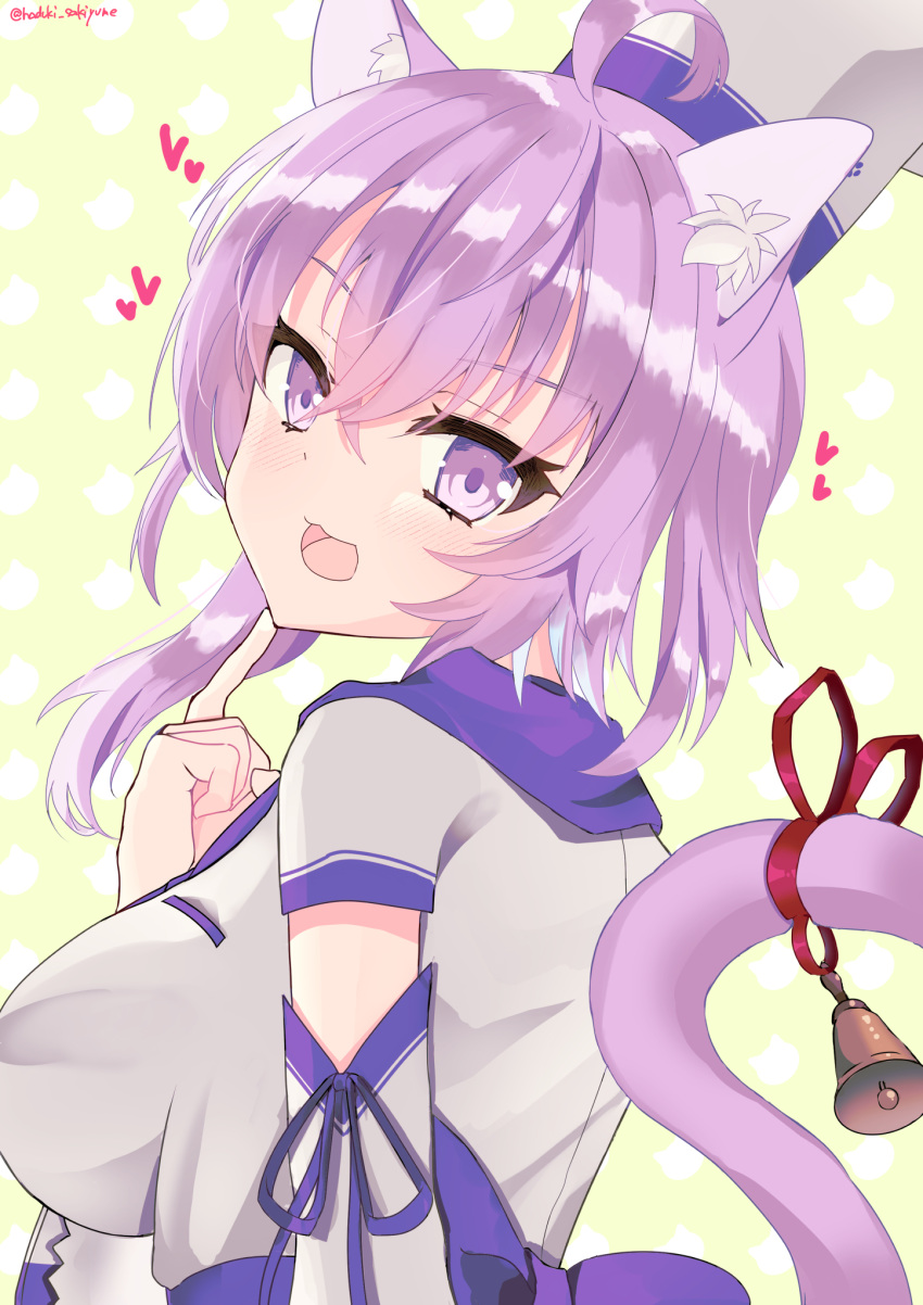 1girl ahoge alternate_costume animal_ear_fluff animal_ears ashibe_h bell breasts cat_ears cat_girl cat_tail hair_between_eyes hat heart highres hololive large_breasts looking_at_viewer nekomata_okayu open_mouth purple_hair ribbon shirt short_hair smile solo tail tail_bell tail_ornament tail_ribbon upper_body violet_eyes virtual_youtuber