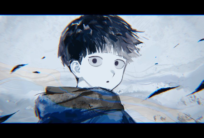 1boy black_eyes black_hair blunt_bangs chromatic_aberration from_behind highres hood hood_down kageyama_shigeo leaf looking_at_viewer looking_back mob_psycho_100 mong_120 monochrome parted_lips portrait short_hair solo spot_color wind