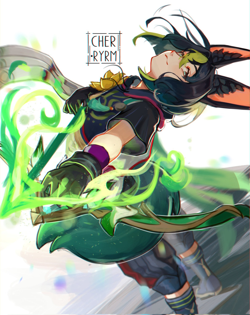 1boy animal_ear_fluff animal_ears artist_logo black_gloves black_hair black_hoodie blue_footwear blue_pants bow_(weapon) corrupted_twitter_file fantasy foot_out_of_frame genshin_impact gloves green_eyes green_hair green_tail hair_between_eyes head_back highres holding holding_bow_(weapon) holding_weapon hood hood_down hoodie hunter's_path_(genshin_impact) leaning_back looking_at_viewer magic male_focus multicolored_hair outstretched_arm pants ryrmcher short_hair short_sleeves sideways_glance signature solo standing streaked_hair tail tighnari_(genshin_impact) weapon white_background