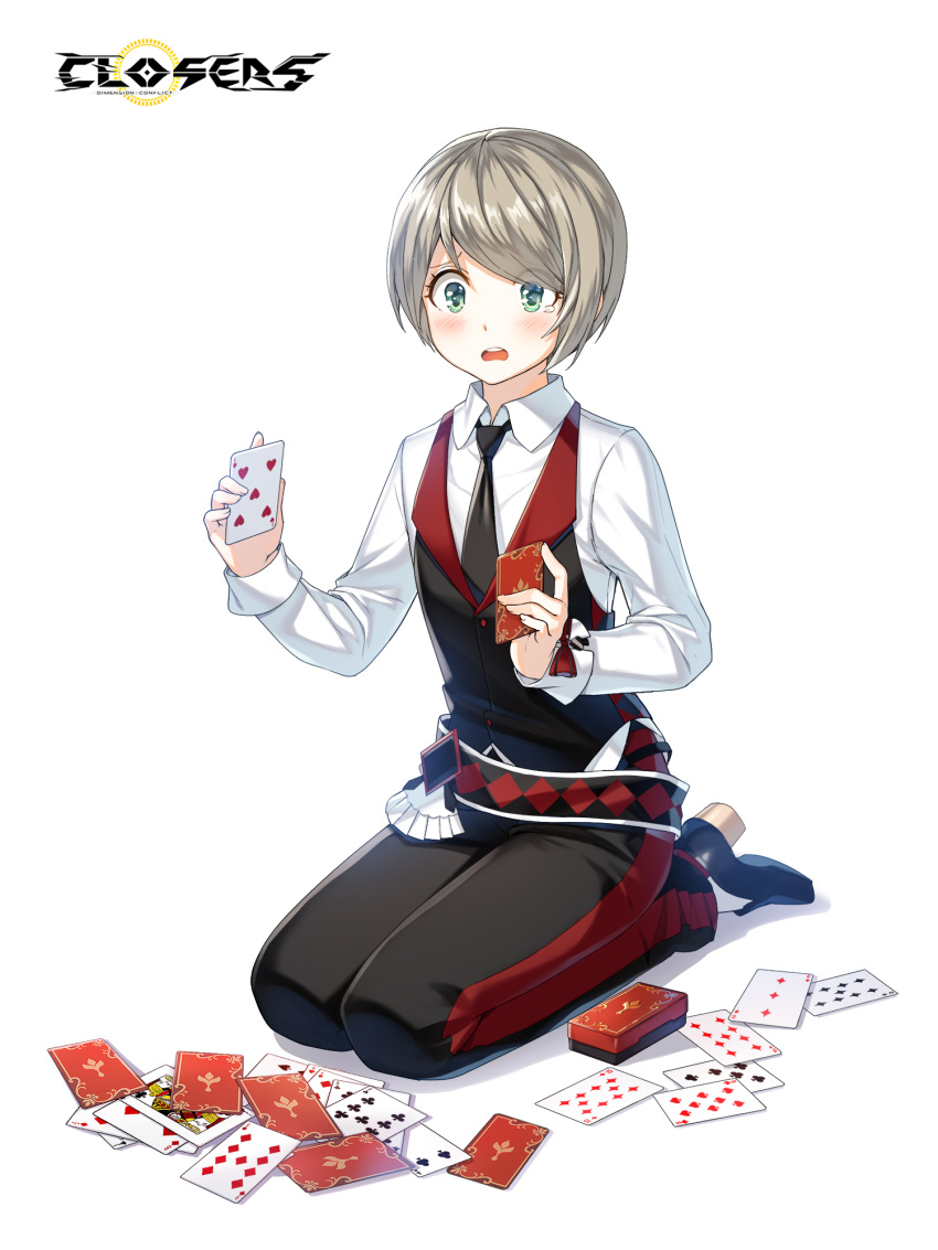 1boy belt black_belt black_footwear black_necktie black_pants black_vest blush bob_cut bow card closers collared_shirt copyright_name croupier dress_pants dress_shirt dress_shoes eight_of_diamonds_(playing_card) eight_of_spades facing_viewer five_of_diamonds five_of_hearts four_of_clubs full_body furrowed_brow green_eyes grey_hair hands_up high_heels highres holding holding_card jack_(playing_card) jack_of_clubs_(playing_card) logo long_sleeves looking_down male_focus mistilteinn_(closers) necktie nine_of_clubs nine_of_diamonds official_art on_ground open_mouth pants playing_card red_bow seiza shadow shirt short_hair sitting socks solo swept_bangs tachi-e tearing_up teeth ten_of_diamonds three_of_diamonds upper_teeth_only vest waistcoat white_background white_shirt white_socks wrist_bow