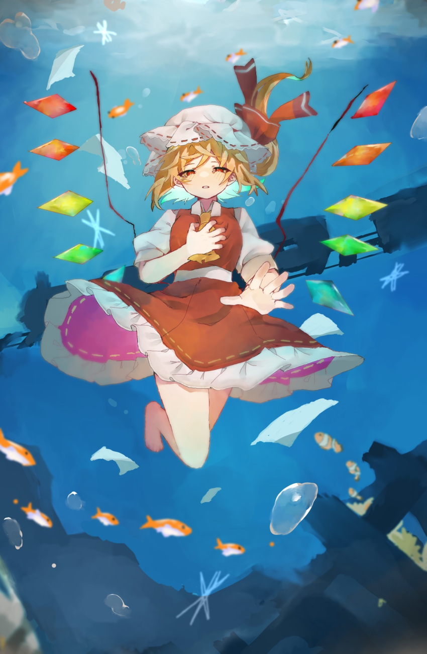1girl absurdres ascot blonde_hair crystal dress fish flandre_scarlet floating full_body hand_on_own_chest hat highres medium_hair mob_cap open_mouth red_dress red_eyes red_ribbon ribbon solo touhou underwater user_pxaw4585 yellow_ascot