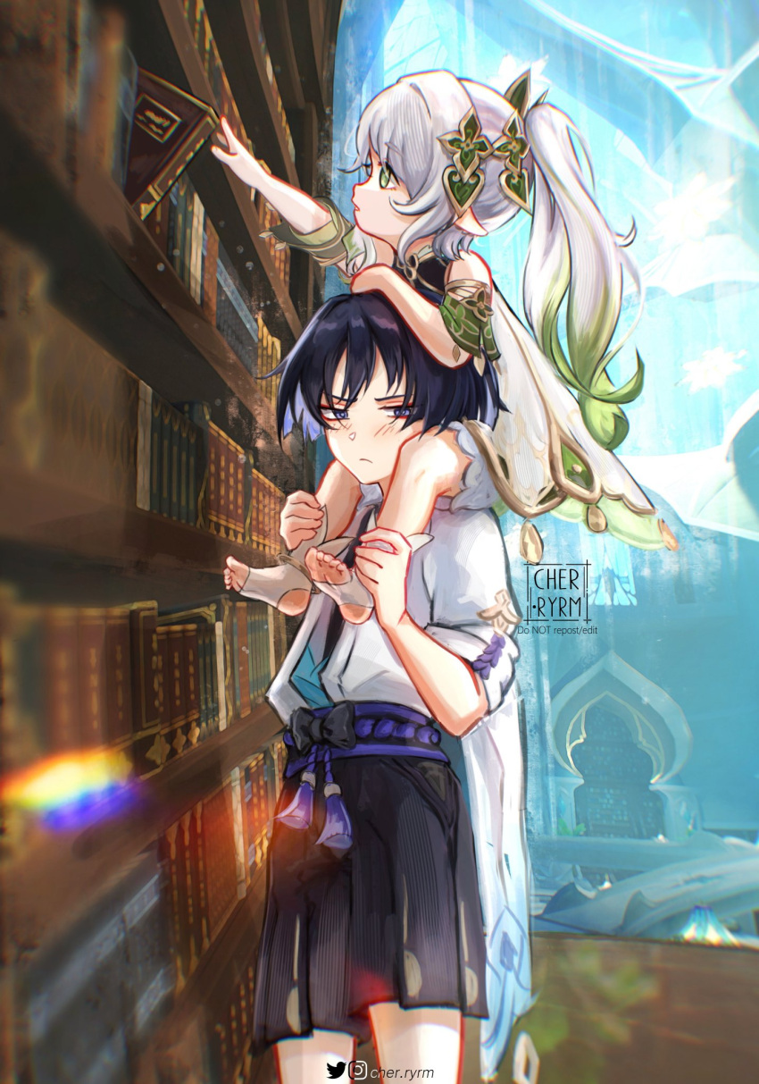 1boy 1girl black_shirt bloomers blush book bookshelf cape carrying closed_mouth cross-shaped_pupils detached_sleeves dress english_commentary genshin_impact gradient_hair green_cape green_eyes green_hair green_sleeves hair_between_eyes hair_ornament hat highres japanese_clothes jewelry jingasa leaf_hair_ornament long_hair multicolored_hair nahida_(genshin_impact) piggyback pointy_ears purple_hair ryrmcher scaramouche_(genshin_impact) shirt short_hair short_sleeves shorts sidelocks stirrup_footwear symbol-shaped_pupils toeless_footwear toeless_legwear violet_eyes wanderer_(genshin_impact) white_bloomers white_dress white_hair