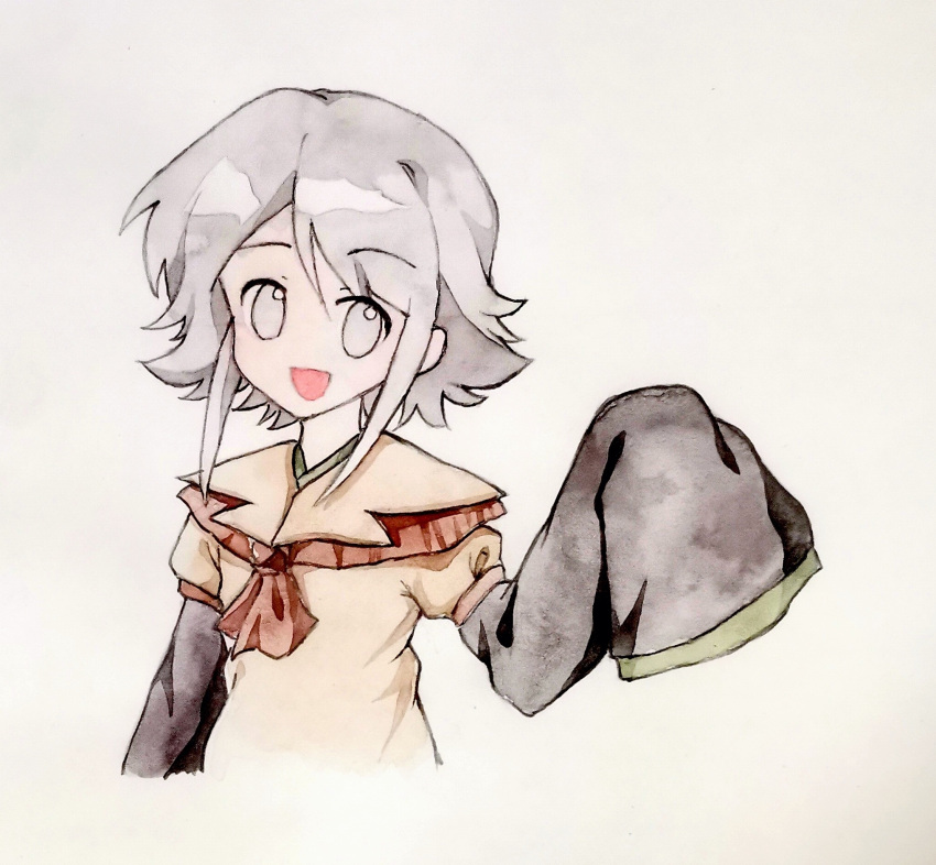 1other androgynous ascot black_shirt brown_ascot chinese_commentary commentary_request green_trim grey_hair highres houlen_yabusame layered_sleeves len'en long_hair long_sleeves no_nose open_mouth other_focus painting_(medium) puffy_short_sleeves puffy_sleeves shirt short_hair_with_long_locks short_over_long_sleeves short_sleeves simple_background smile solo traditional_media tuermama upper_body very_long_hair watercolor_(medium) white_background