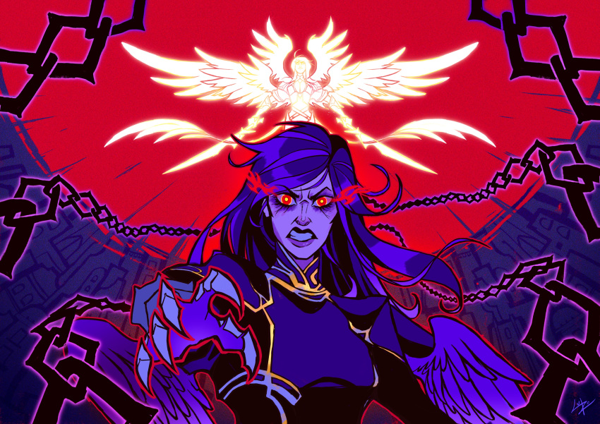2girls absurdres angel angry breasts chain clenched_teeth dual_wielding grin highres holding kayle_(league_of_legends) large_breasts league_of_legends long_hair looking_at_viewer luizo_(luizfilipegui) morgana_(league_of_legends) multicolored_hair multiple_girls red_background red_eyes siblings sisters smile teeth two-tone_hair upper_body wings