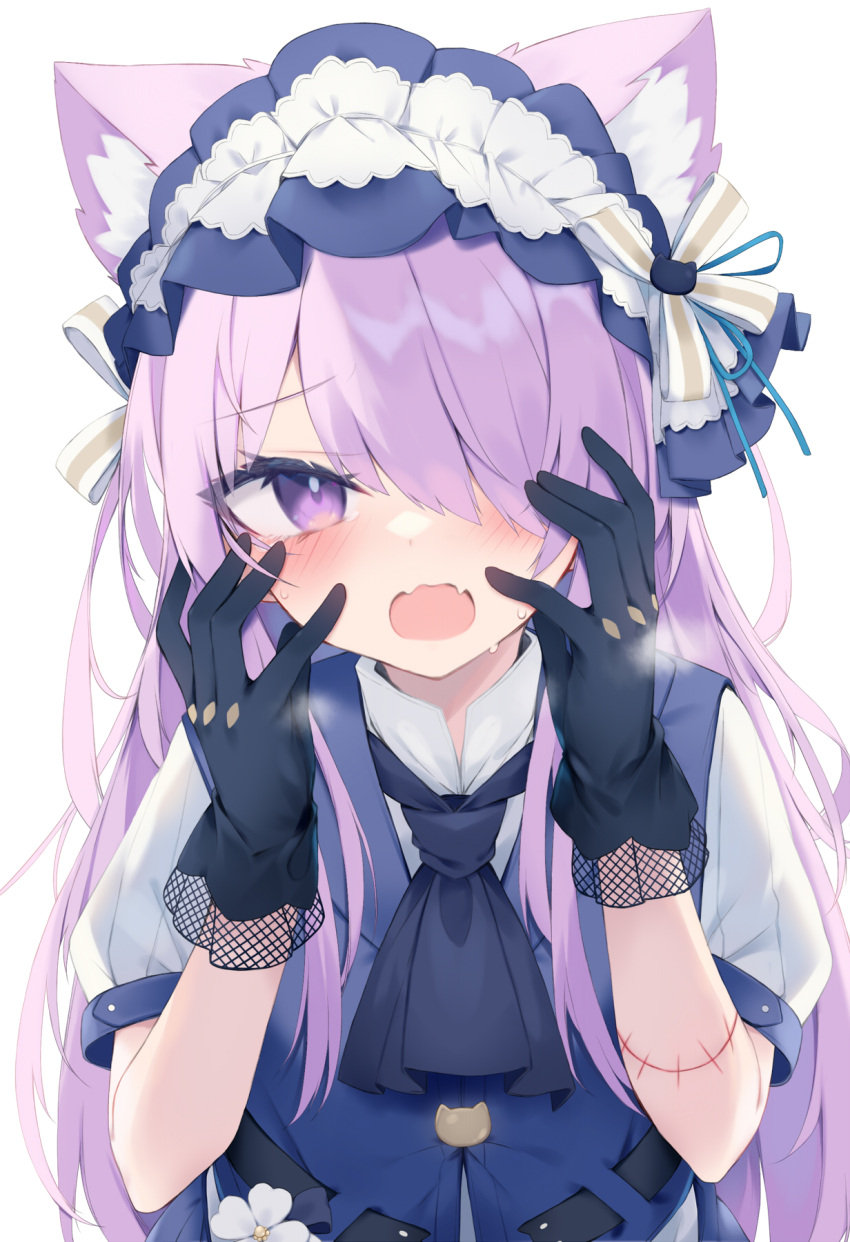 1girl animal_ear_fluff animal_ears black_gloves blue_vest blush commentary_request fangs gloves hair_over_one_eye hands_up highres long_hair looking_at_viewer nibiiro_shizuka open_mouth original puffy_short_sleeves puffy_sleeves purple_hair shirt short_sleeves simple_background solo stitches sweat very_long_hair vest violet_eyes white_background white_shirt