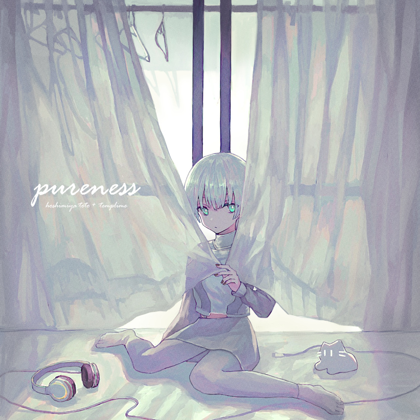 1girl absurdres album_cover backlighting blue_eyes cat character_name closed_mouth clothes_hanger cover curtain_grab curtains full_body grey_theme headphones headphones_removed highres hoshimiya_toto indie_virtual_youtuber indoors long_sleeves looking_at_viewer nail_polish on_floor pantyhose second-party_source shirt short_hair sitting skirt solo white_hair white_pantyhose white_shirt white_skirt window window_(computing) zumochi