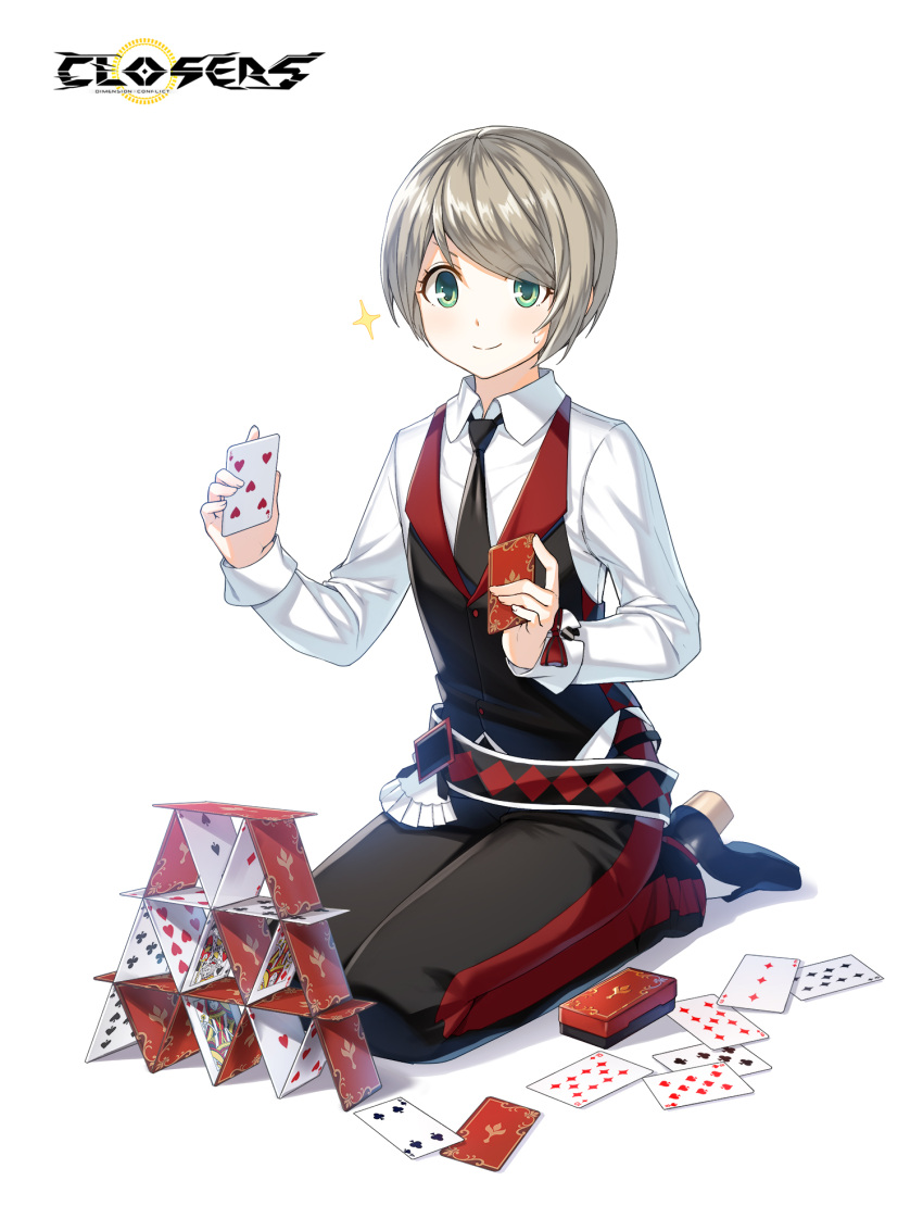 1boy ace_(playing_card) ace_of_diamonds ace_of_hearts belt black_belt black_footwear black_necktie black_pants black_vest bob_cut bow card closed_mouth closers collared_shirt copyright_name croupier diamond_(shape) dress_pants dress_shirt dress_shoes eight_of_clubs eight_of_spades facing_viewer five_of_hearts four_of_clubs full_body green_eyes grey_hair hands_up heart high_heels highres holding holding_card house_of_cards king_(playing_card) king_of_spades logo long_sleeves looking_down male_focus mistilteinn_(closers) necktie nine_of_diamonds nine_of_hearts nine_of_spades official_art on_ground pants playing_card queen_(playing_card) queen_of_diamonds red_bow seiza shadow shirt short_hair sitting six_of_hearts smile socks solo sparkle sweat swept_bangs tachi-e ten_of_diamonds three_of_diamonds three_of_spades vest waistcoat white_background white_shirt white_socks wrist_bow