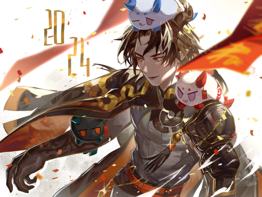 1boy 2024 :3 ;q animalization arknights black_jacket black_shirt brown_hair chong_yue_(arknights) closed_mouth commentary confetti dragon_bubble_(arknights) dragon_horns dusk_(arknights) english_commentary horns jacket jacket_on_shoulders kikan_(kikanoe) ling_(arknights) nian_(arknights) one_eye_closed open_mouth red_eyes shirt simple_background smile tongue tongue_out upper_body v-shaped_eyes violet_eyes white_background