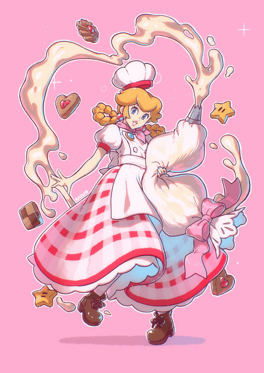 1girl apron blonde_hair blue_eyes boots braided_hair_rings brooch brown_footwear checkerboard_cookie chef_hat cookie cream earrings food full_body hat highres jewelry long_skirt looking_at_viewer official_alternate_costume pastry_bag pastry_chef_peach pink_background pink_lips plaid plaid_skirt princess_peach princess_peach:_showtime! puffy_short_sleeves puffy_sleeves red_skirt saiwo_(saiwoproject) short_sleeves simple_background skirt solo sphere_earrings super_mario_bros. super_star_(mario) thumbprint_cookie two-tone_skirt white_apron white_headwear white_skirt