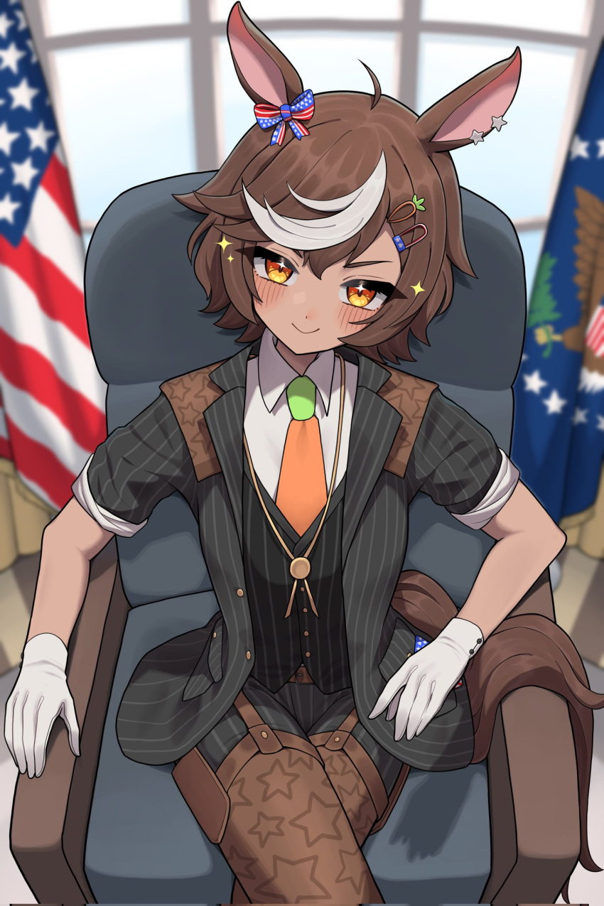 1girl amagasa american_flag animal_ears brown_eyes brown_fur brown_hair closed_mouth collared_shirt crossed_legs gloves highres horse_ears horse_girl horse_tail indie_virtual_youtuber indoors long_sleeves looking_at_viewer medium_hair multicolored_hair multiple_hairpins necktie on_chair orange_necktie second-party_source shirt sitting sleeves_rolled_up smile solo tail tomoe_umari virtual_youtuber white_gloves white_hair white_house white_shirt