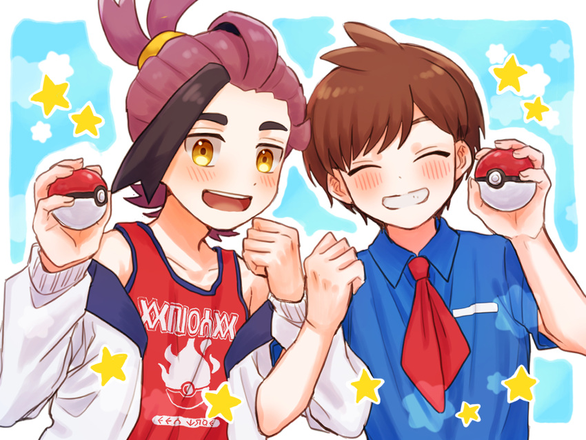 2boys black_hair blue_shirt blush brown_hair clenched_hand closed_eyes collared_shirt colored_inner_hair facing_viewer florian_(pokemon) hair_tie hand_up happy highres holding holding_poke_ball jacket kieran_(pokemon) looking_at_viewer loose_hair_strand male_focus mochi_(mocchi_p_2m) multicolored_hair multiple_boys necktie off-shoulder_jacket off_shoulder open_mouth poke_ball poke_ball_(basic) pokemon pokemon_sv purple_hair red_necktie red_tank_top shirt short_hair short_necktie short_sleeves smile star_(symbol) tank_top teeth two-tone_hair upper_body upper_teeth_only white_jacket yellow_eyes