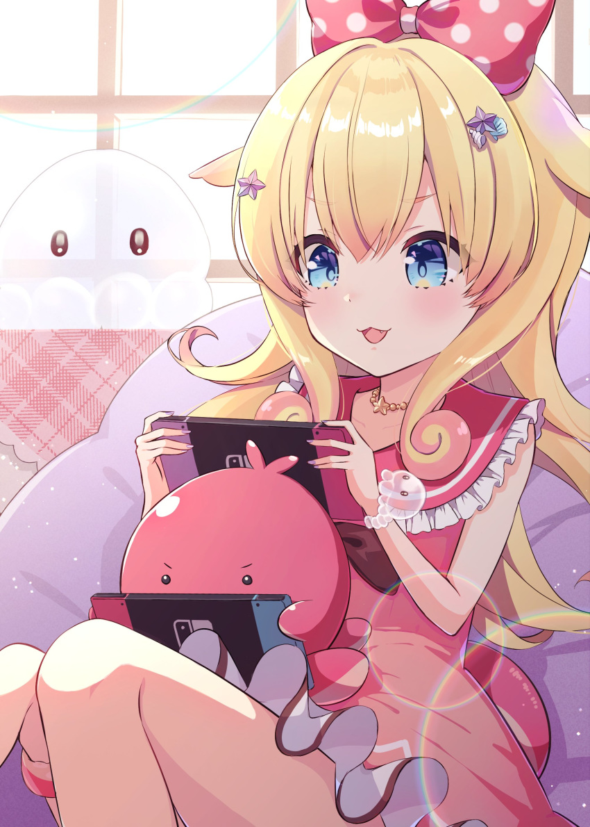 1girl absurdres blonde_hair blue_eyes bow bracelet couch dress fang hair_bow hair_ornament handheld_game_console highres holding holding_handheld_game_console idol_corp jewelry long_hair momo_otako necklace nintendo_switch open_mouth pink_bow pink_dress polka_dot second-party_source shell_hair_ornament sitting star_(symbol) star_hair_ornament star_necklace tentacle_hair uni_(maru231) virtual_youtuber window