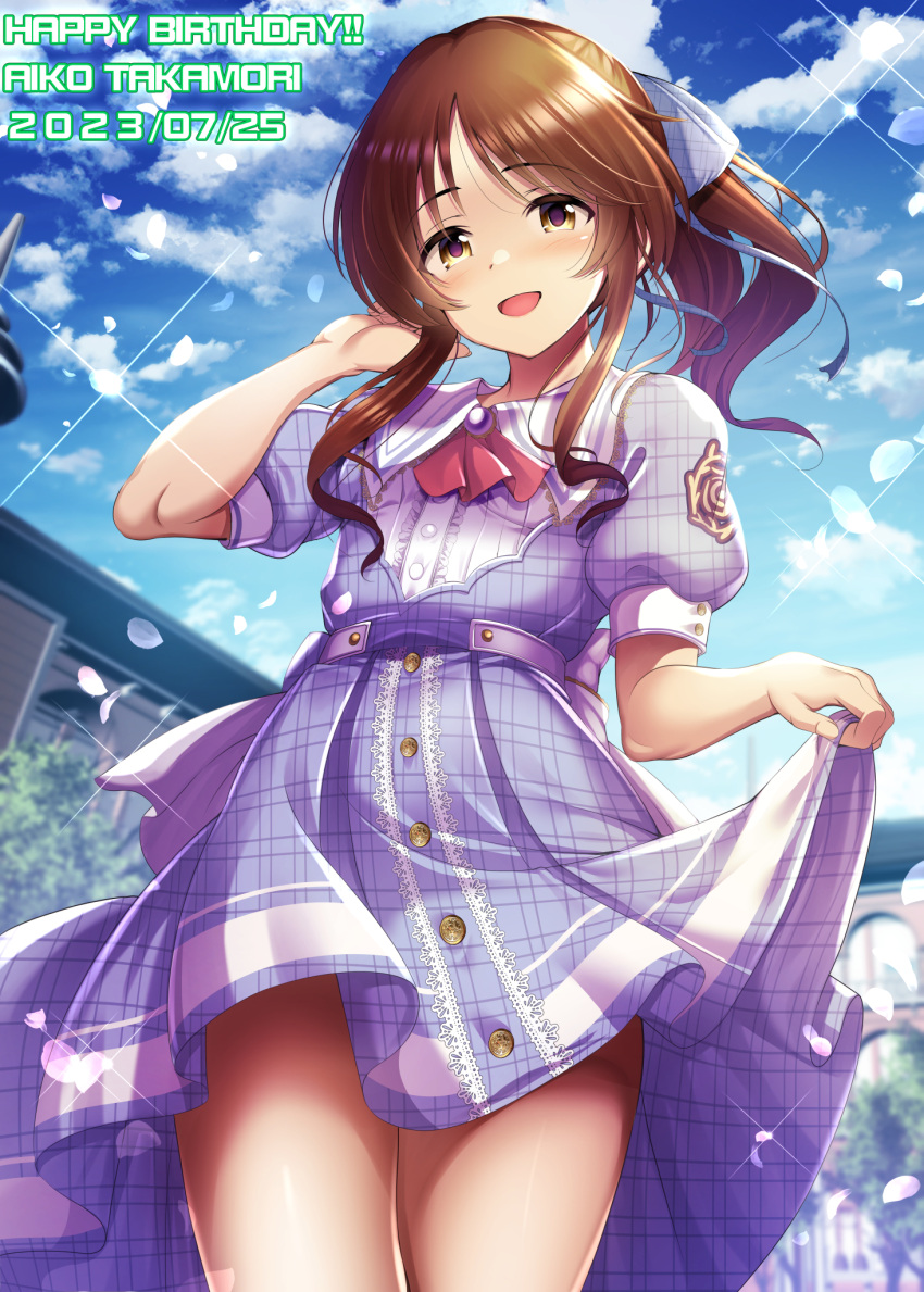 1girl ascot blue_ribbon blue_sky blurry blurry_background blush bow breasts brown_eyes brown_hair building character_name clouds cowboy_shot dated day dot_nose dress dress_bow falling_petals hair_bow hair_ribbon hand_up happy_birthday highres idolmaster idolmaster_cinderella_girls idolmaster_cinderella_girls_starlight_stage long_hair looking_at_viewer ment open_mouth outdoors petals plaid plaid_dress plaid_ribbon ponytail puffy_short_sleeves puffy_sleeves purple_bow purple_dress red_ascot ribbon short_sleeves sidelocks skirt_hold sky small_breasts smile solo sparkle standing takamori_aiko tree