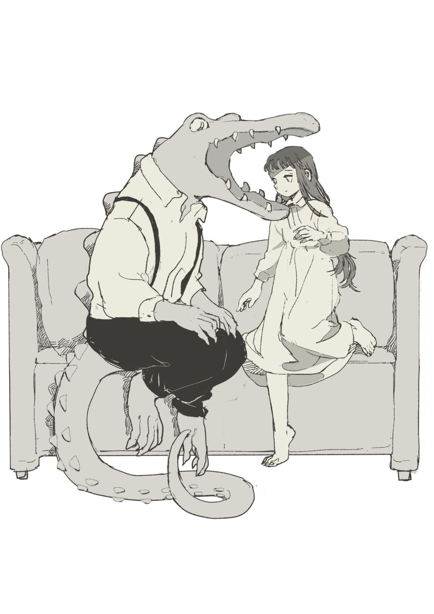 1boy 1girl animal barefoot black_pants closed_mouth clothed_animal conical_teeth couch croco_zigmond crocodile crocodilian curled_tail dress dress_shirt full_body greyscale hashtag_only_commentary highres indoors long_hair looking_at_another monochrome open_mouth original pants peter_pan_collar philia_ell sharp_teeth shirt short_bangs slit_pupils suspenders teeth tono_(rt0no) white_background white_dress