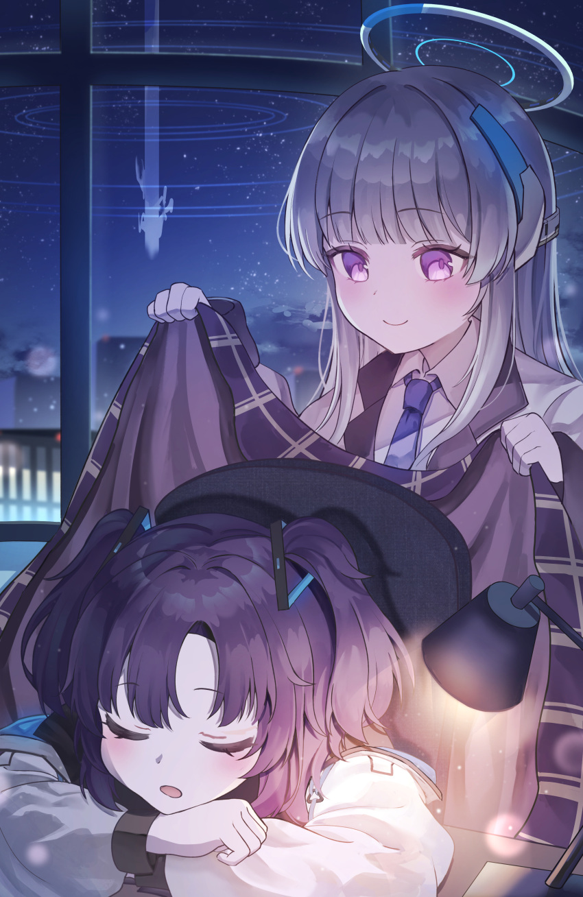 2girls absurdres blue_archive blue_necktie closed_eyes closed_mouth collared_shirt grey_hair halo highres indoors jacket long_hair long_sleeves mechanical_halo multiple_girls necktie noa_(blue_archive) open_mouth purple_hair shan_(ti0n) shirt sleeping smile two_side_up violet_eyes white_jacket white_shirt yuuka_(blue_archive)