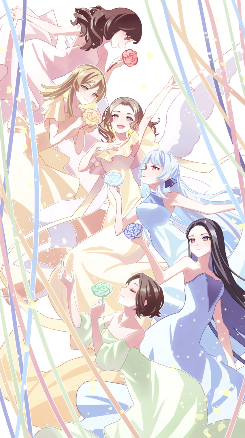 6+girls :d arm_at_side arm_up bare_arms bare_shoulders black_hair black_ribbon blonde_hair blue_dress blue_eyes blue_flower blue_ribbon blue_rose blunt_bangs blunt_ends breasts brown_hair closed_eyes closed_mouth commentary daiba_nana detached_sleeves dress falling_petals flower forehead frilled_dress frills green_dress green_eyes green_flower green_ribbon green_rose grey_hair hair_down hair_over_shoulder hair_ribbon halter_dress halterneck hand_on_own_chest hand_up hands_up highres holding holding_flower honami_hisame light_particles long_hair looking_ahead looking_at_another looking_down looking_up medium_breasts midair minase_suzu multiple_girls off-shoulder_dress off_shoulder open_mouth orange_ribbon outstretched_arm parted_bangs petals profile puffy_detached_sleeves puffy_short_sleeves puffy_sleeves purple_ribbon red_flower red_ribbon red_rose ribbon rose short_hair short_sleeves shoujo_kageki_revue_starlight skirt_hold sleeveless sleeveless_dress smile strapless strapless_dress tareko very_long_hair violet_eyes wavy_hair white_background white_dress white_flower white_rose white_wings wings yakumo_kyouko yanagi_koharu yellow_dress yellow_flower yellow_rose yukishiro_akira