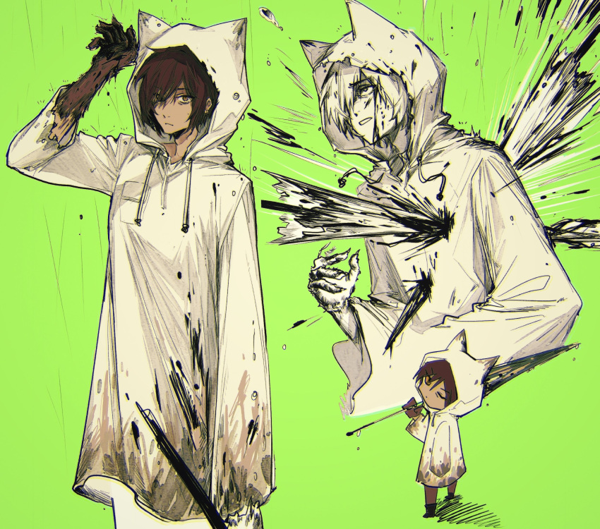 1girl arm_up brown_eyes brown_hair e.g.o_(project_moon) g7cdpdto2i6hot6 green_background highres holding holding_umbrella hood hood_up hooded_coat limbus_company looking_at_viewer multiple_views outis_(project_moon) project_moon raincoat short_hair simple_background umbrella white_raincoat