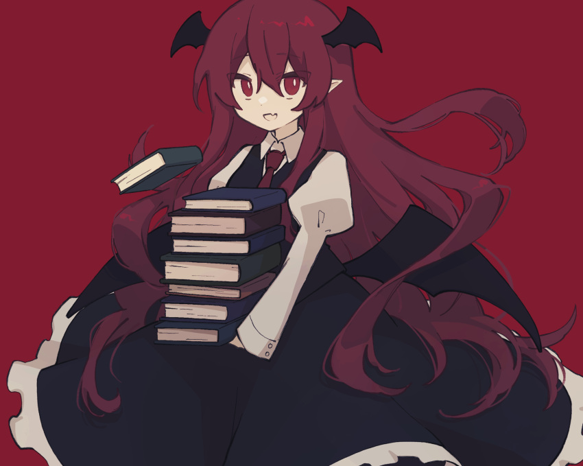 1girl :d bat_wings black_skirt black_vest black_wings book book_stack bright_pupils collared_shirt cowboy_shot dot_nose dress_shirt dropping fang hair_between_eyes head_wings highres holding holding_book inase_(inasenanaki) juliet_sleeves koakuma long_hair long_sleeves low_wings necktie pointy_ears puffy_sleeves red_background red_eyes red_necktie redhead shirt sidelocks simple_background skin_fang skirt skirt_set smile solo touhou v_arms very_long_hair vest white_pupils white_shirt wings