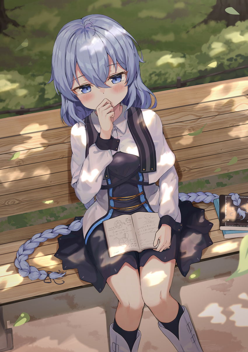 1girl black_dress black_socks blue_eyes blue_hair blush book_on_lap boots braid bush capelet covering_own_mouth dot_nose dress falling_leaves flat_chest hair_between_eyes highres leaf long_hair looking_down mushoku_tensei pile_of_books reading roxy_migurdia sitting_on_bench socks solo tree twin_braids ushimu very_long_hair white_capelet white_footwear