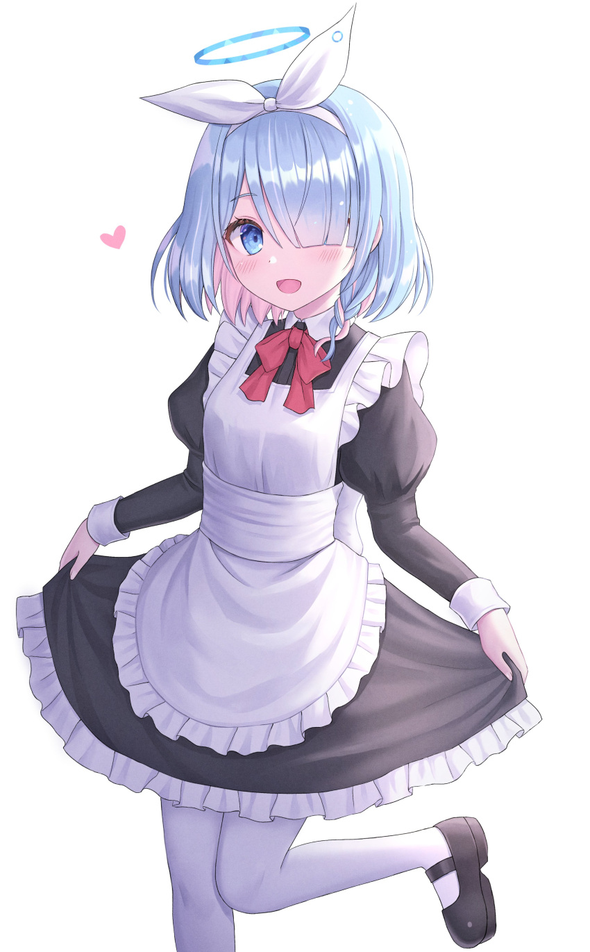 1girl :d absurdres alternate_costume apron arona_(blue_archive) blue_archive blue_eyes blue_hair blue_halo blush enmaided hair_over_one_eye hairband halo heart highres long_sleeves looking_at_viewer maid maid_apron open_mouth pantyhose red_ribbon ribbon seungju_lee simple_background smile solo standing standing_on_one_leg white_background white_hairband white_pantyhose