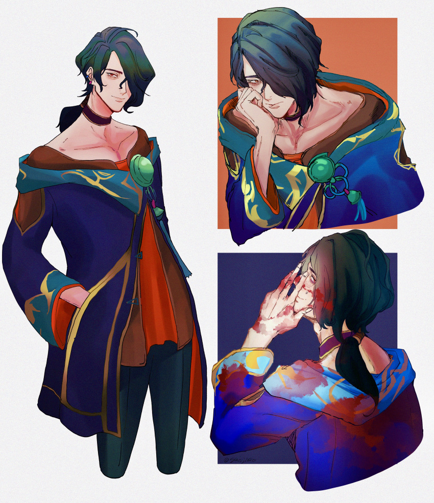 1boy absurdres black_hair choker collarbone earrings hair_over_one_eye hand_in_pocket highres hwei_(league_of_legends) jewelry league_of_legends long_hair looking_at_viewer looking_back male_focus multiple_views paint_in_hair paint_on_body paint_on_clothes paint_splatter paint_splatter_on_face purple_choker sume_chi_(suijou10)