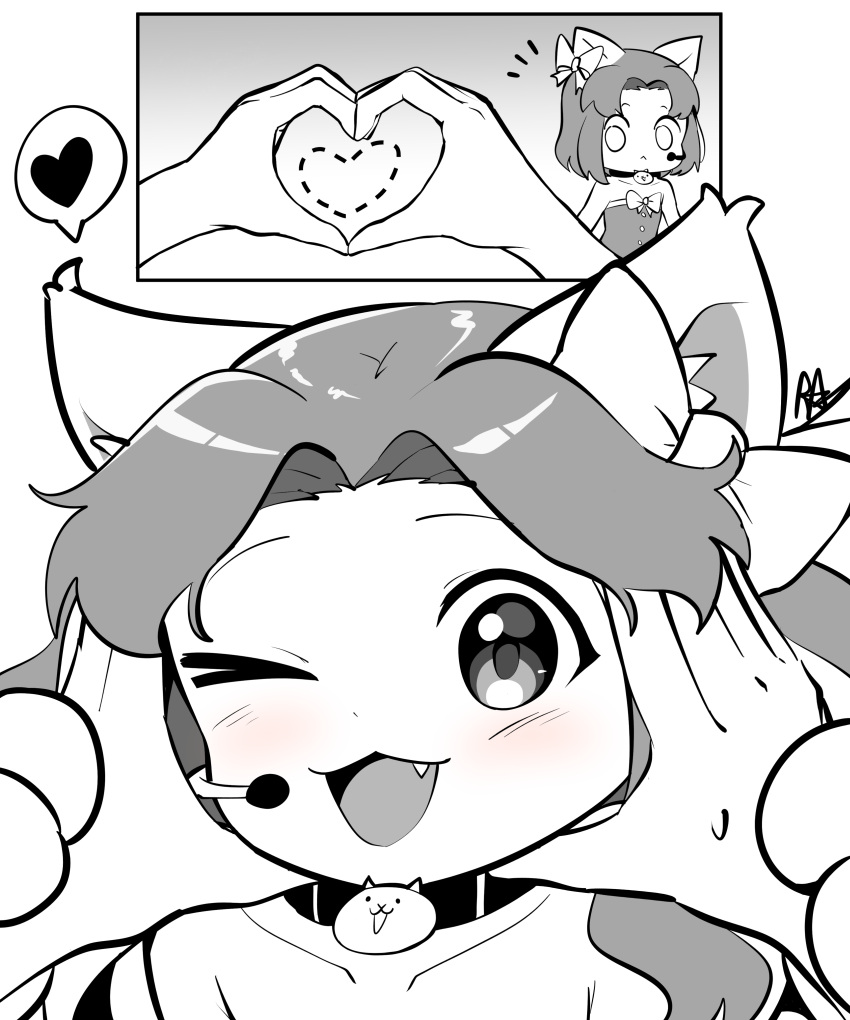 1boy 1girl absurdres animal_ears animal_hands blush bow bowtie cat_(nyanko_daisensou) cat_ears cat_paws fang grey_eyes hands_on_another's_face heart heart_hands highres jewelry looking_at_viewer microphone moneko_(nyanko_daisensou) monochrome necklace notice_lines nyanko_daisensou one_eye_closed signature smile surprised user_ktrx7538
