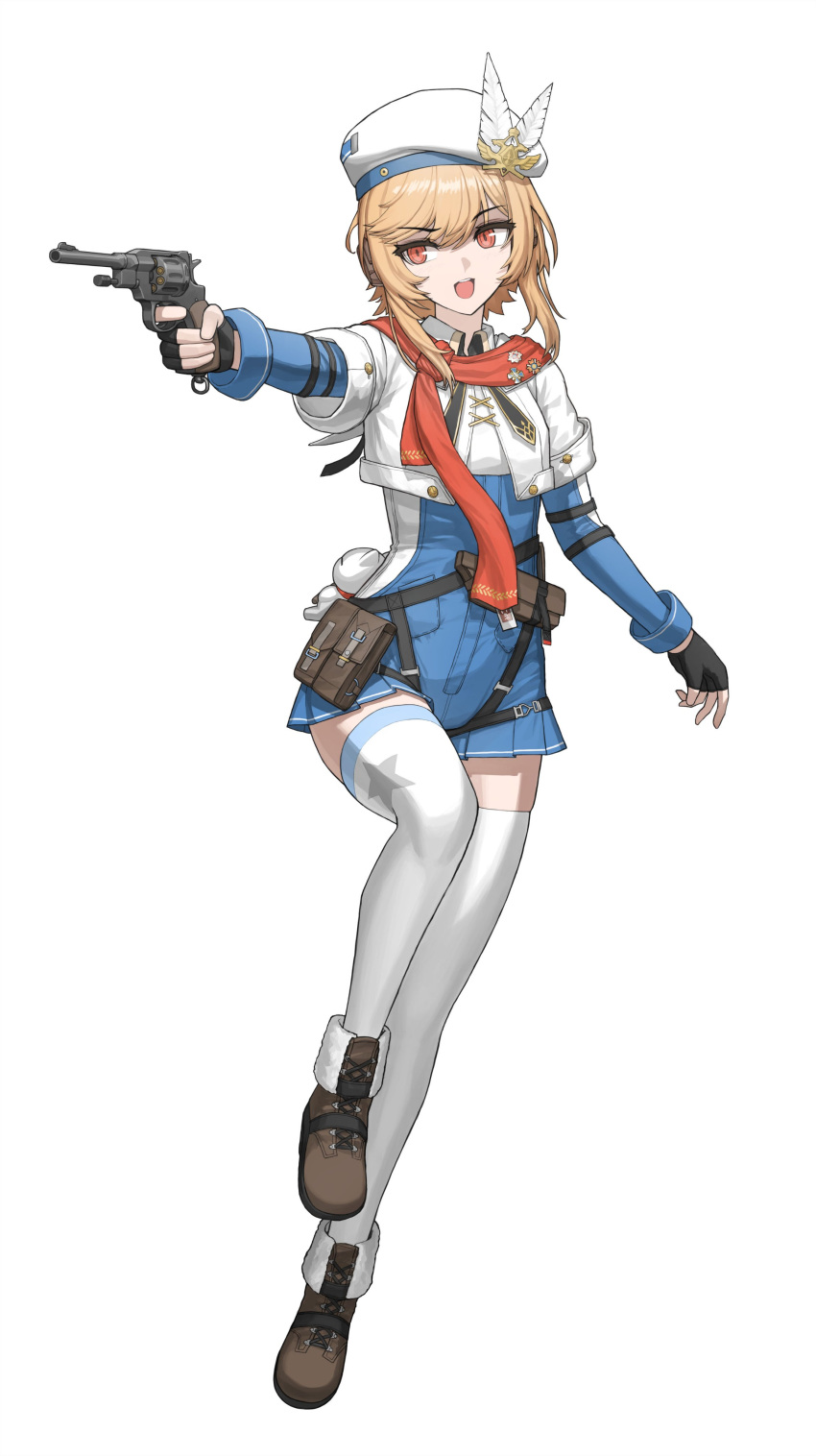 1girl absurdres aiming beret black_gloves black_neckerchief blonde_hair blue_jumpsuit boots breasts brown_footwear cheogtanbyeong finger_on_trigger fingerless_gloves full_body girls'_frontline_2:_exilium girls_frontline gloves gun hand_up hat hat_feather headphones highres jumpsuit leg_up long_sleeves medium_hair nagant_m1895 nagant_revolver_(girls'_frontline) neckerchief open_mouth pouch red_eyes red_scarf revolver scarf short_jumpsuit sidelocks small_breasts solo star_(symbol) stuffed_toy thigh-highs two-tone_jumpsuit weapon white_headwear white_thighhighs