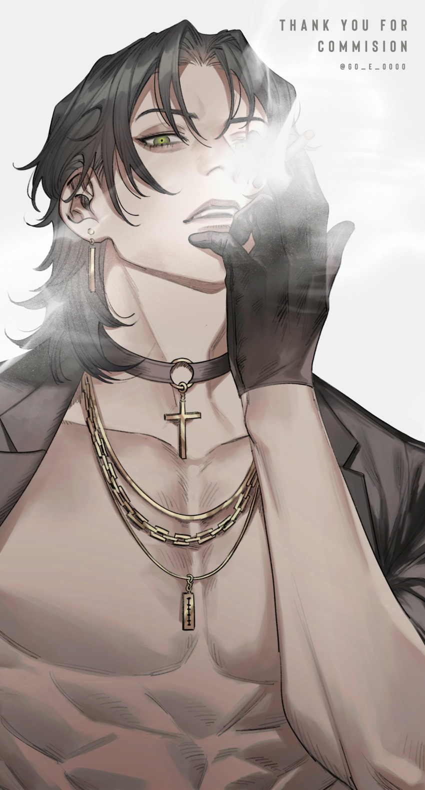 1boy abs absurdres artist_name bishounen black_choker black_gloves black_hair black_jacket chain_necklace choker cigarette collarbone commission cross dangle_earrings earrings english_text eyelashes eyeliner from_below gloves go_e_0000 gold_necklace green_eyes hair_over_shoulder hand_up highres holding holding_cigarette jacket jewelry lapels lips looking_at_viewer looking_down makeup male_focus medium_hair mullet multiple_necklaces muscular muscular_male necklace nose nostrils obliques open_clothes open_jacket open_mouth original parted_bangs parted_hair pectorals pendant_choker simple_background skeb_commission sleeves_rolled_up smoke smoking solo teeth thank_you upper_body upper_teeth_only white_background