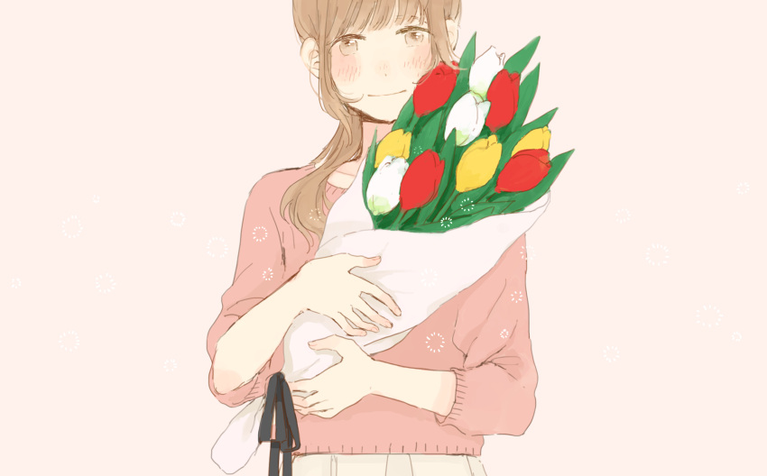 1girl black_ribbon blush bouquet brown_eyes brown_hair closed_mouth flower highres hinao_(flowerrabbit2348) holding holding_bouquet light_smile long_hair long_sleeves looking_at_viewer original pink_background pink_sweater red_flower red_tulip ribbon simple_background solo sweater tulip upper_body white_flower white_tulip yellow_flower yellow_tulip