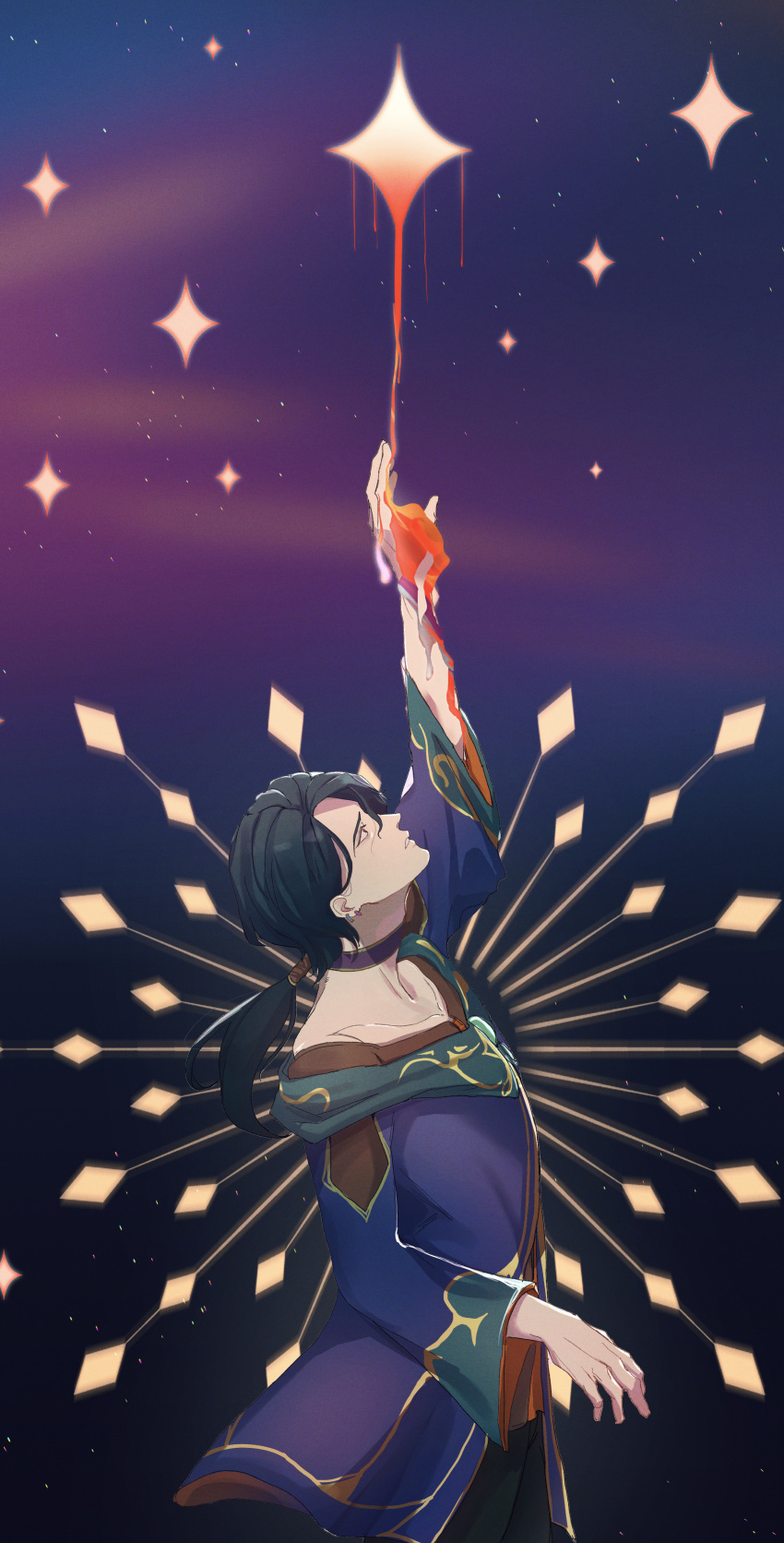 1boy absurdres arm_up black_choker black_hair choker collarbone earrings hair_over_one_eye highres hwei_(league_of_legends) jewelry league_of_legends long_hair long_sleeves looking_up male_focus ponytail sky solo star_(sky) starry_sky sume_chi_(suijou10)