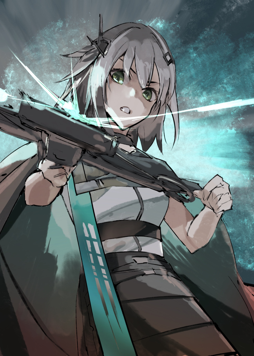 1girl absurdres arknights black_skirt breasts clenched_teeth crossbow e-bushi eyebrows_hidden_by_hair green_eyes grey_hair greythroat_(arknights) gun hair_ornament highres holding holding_gun holding_weapon looking_at_viewer medium_breasts shirt skirt solo teeth weapon white_shirt