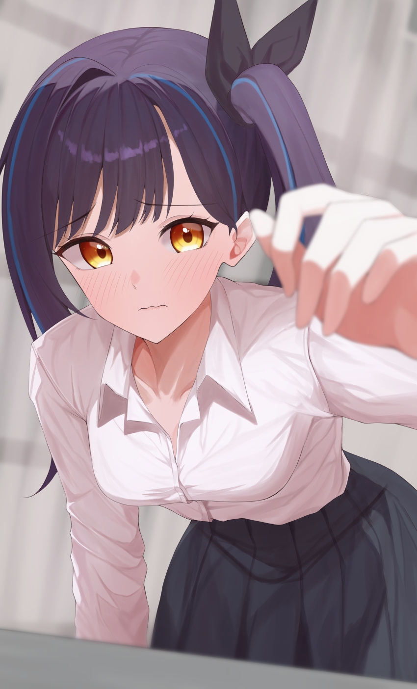 1girl absurdres black_skirt blue_hair blush breasts closed_mouth collared_shirt commentary_request dark_blue_hair hair_ribbon highres korean_commentary leaning_forward lilpa long_hair long_sleeves looking_at_viewer multicolored_hair nvem8738 orange_eyes pleated_skirt reaching reaching_towards_viewer ribbon shirt side_ponytail skirt solo streaked_hair two-tone_hair virtual_youtuber waktaverse wavy_mouth white_shirt