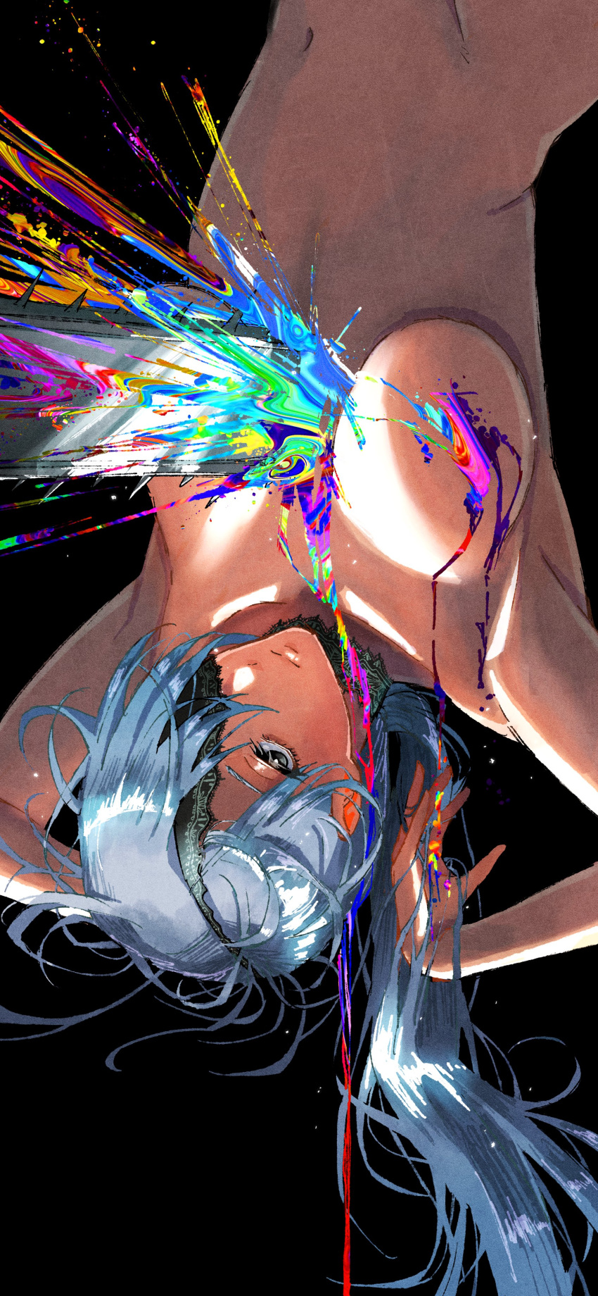 absurdres armpits blood blue_hair breasts chainsaw_man convenient_censoring erupusai2 eyepatch highres himeno_(chainsaw_man) injury large_breasts long_hair looking_at_viewer lying on_back rainbow_blood simple_background solo turquoise_eyes upper_body