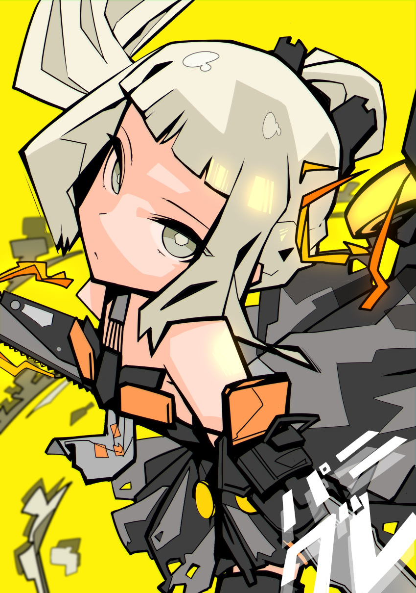 1girl absurdres bare_arms bare_shoulders black_dress chainsword chest_protector dress flat_chest from_above grey_eyes grey_hair highres holding holding_sword holding_weapon mechanical_arms nanami:_pulse_(punishing:_gray_raven) nanami_(punishing:_gray_raven) ponytail punishing:_gray_raven sidelocks solo sword watasi_ch3 weapon yellow_background