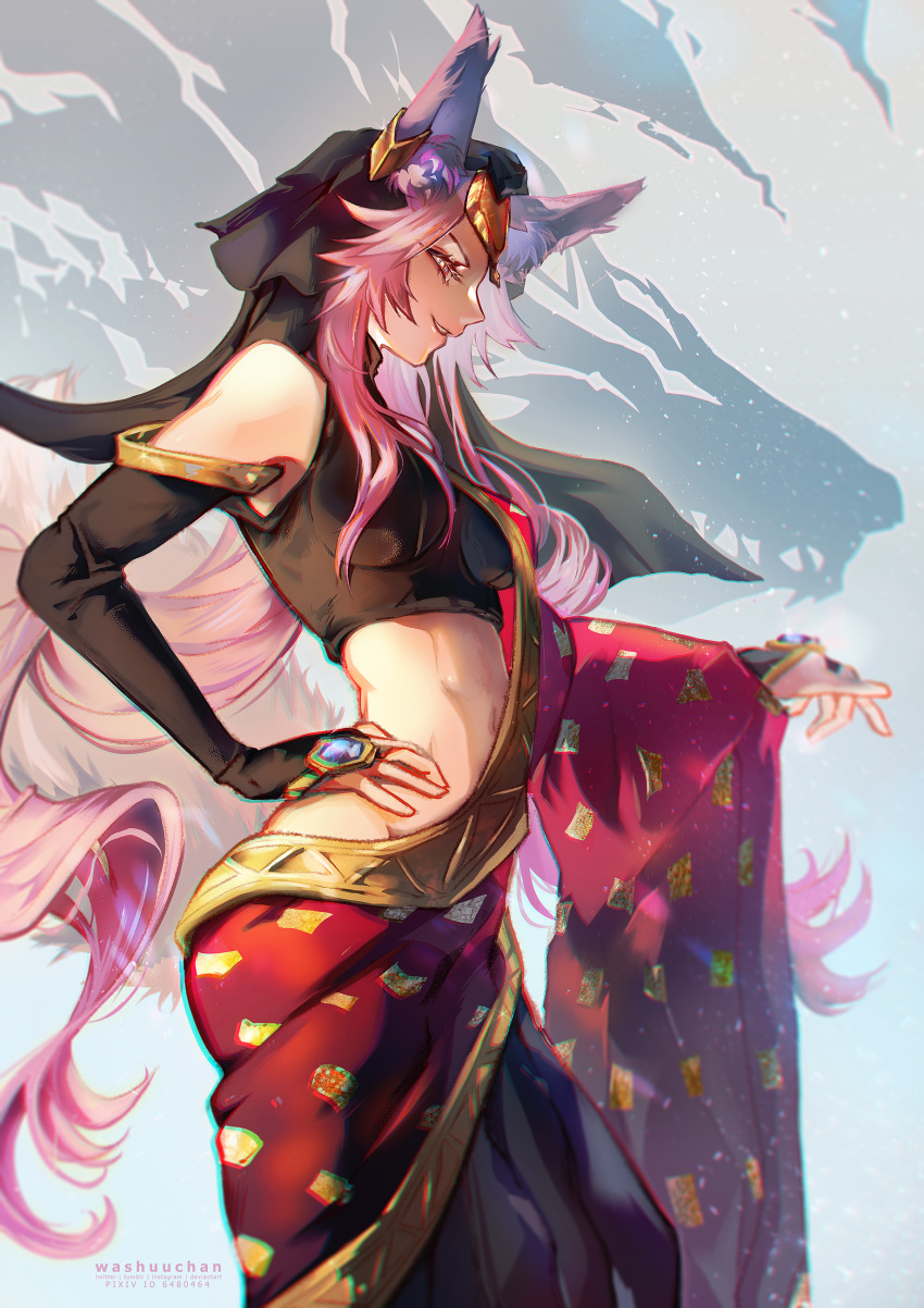 1girl absurdres animal_ear_fluff animal_ears bare_shoulders black_sleeves breasts circlet crop_top detached_sleeves ear_ornament fate/grand_order fate_(series) fox_ears fox_tail glasses groin hand_on_own_hip highres indian_clothes jewelry koyanskaya_(fate) koyanskaya_(indian_lostbelt_outfit)_(fate) long_hair medium_breasts navel pink_hair pink_tail sidelocks smile solo stomach tail tamamo_(fate) washuu yellow_eyes