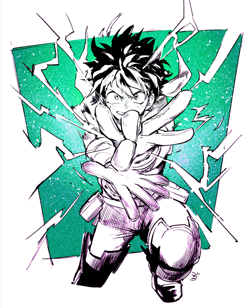 1boy belt bodysuit boku_no_hero_academia clenched_teeth freckles gloves green_background greyscale_with_colored_background highres knee_pads knee_up male_focus midoriya_izuku open_mouth outstretched_arms solo teeth yokoyari_mengo