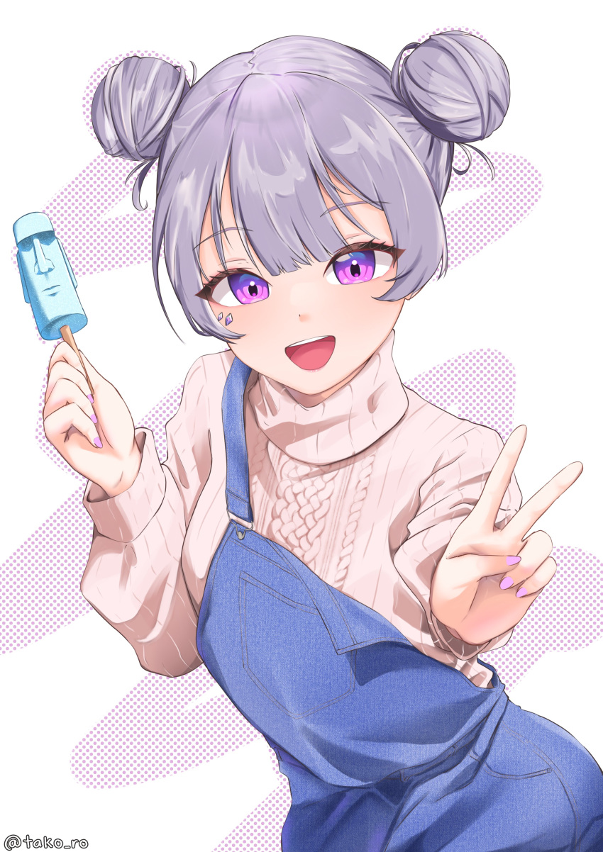 1girl :d absurdres blue_overalls blunt_bangs cropped_legs double-parted_bangs double_bun face_jewel food grey_hair hair_bun highres holding holding_food holding_popsicle hololive hololive_english koseki_bijou looking_at_viewer moai overalls popsicle purple_nails sidelocks simple_background smile sweater takoroki v violet_eyes