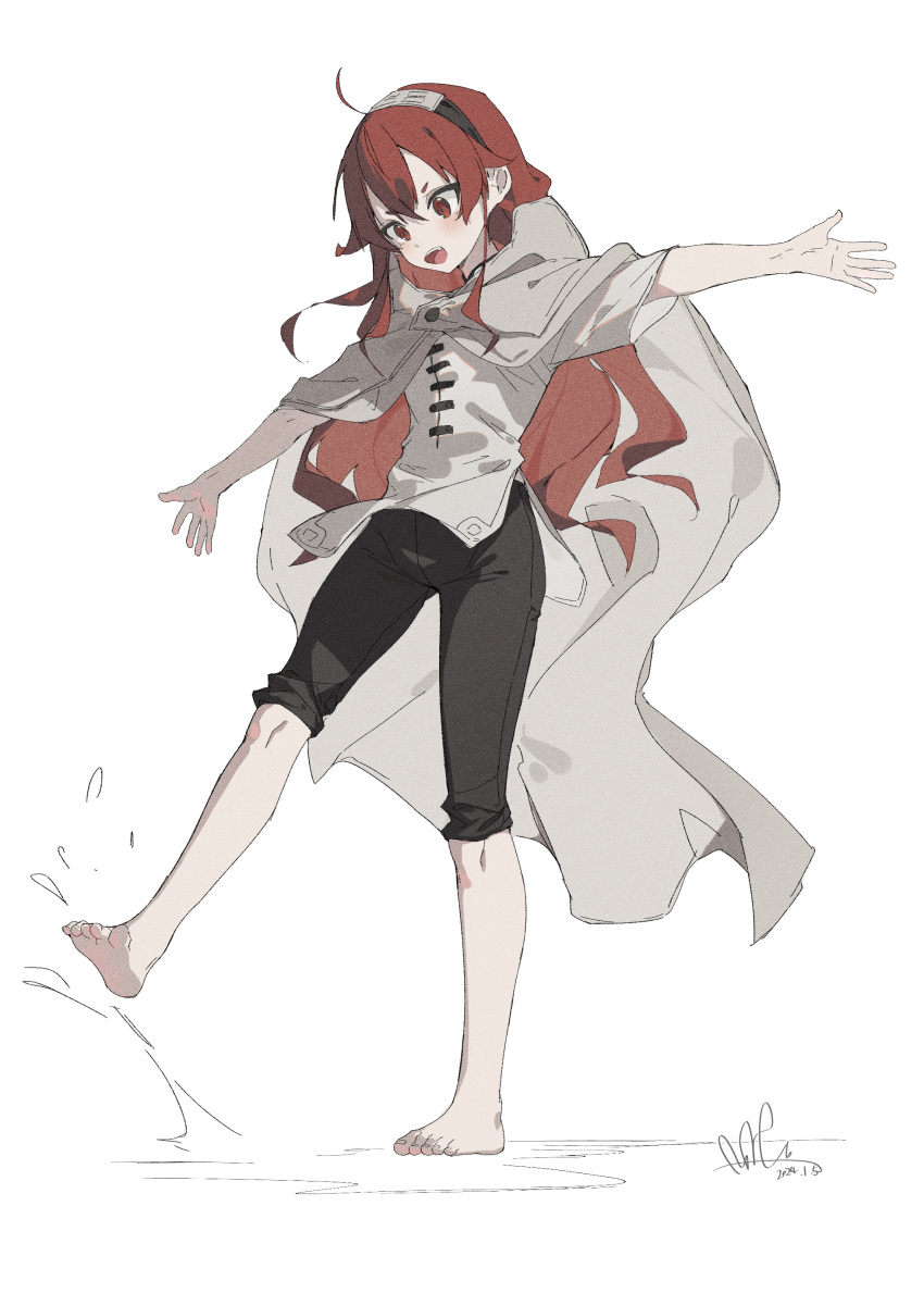 1girl absurdres arms_at_sides barefoot black_pants cape crossed_bangs dated eris_greyrat feet full_body hairband highres long_hair looking_down mushoku_tensei open_mouth pants pants_rolled_up qtian red_eyes redhead shirt signature simple_background solo splashing standing white_background white_cape white_shirt