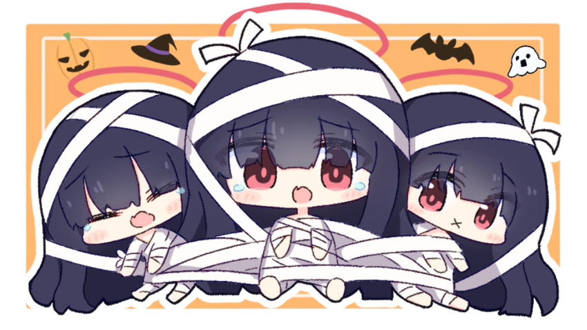 3girls bandages barefoot black_hair blue_archive blunt_bangs blush_stickers chibi closed_eyes commentary eyes_visible_through_hair halo hat jack-o'-lantern justice_task_force_member_(blue_archive) long_hair looking_at_viewer multiple_girls mummy_costume no_nose open_mouth raised_eyebrows red_eyes red_halo red_pupils sitting tearing_up umihio very_long_hair witch_hat